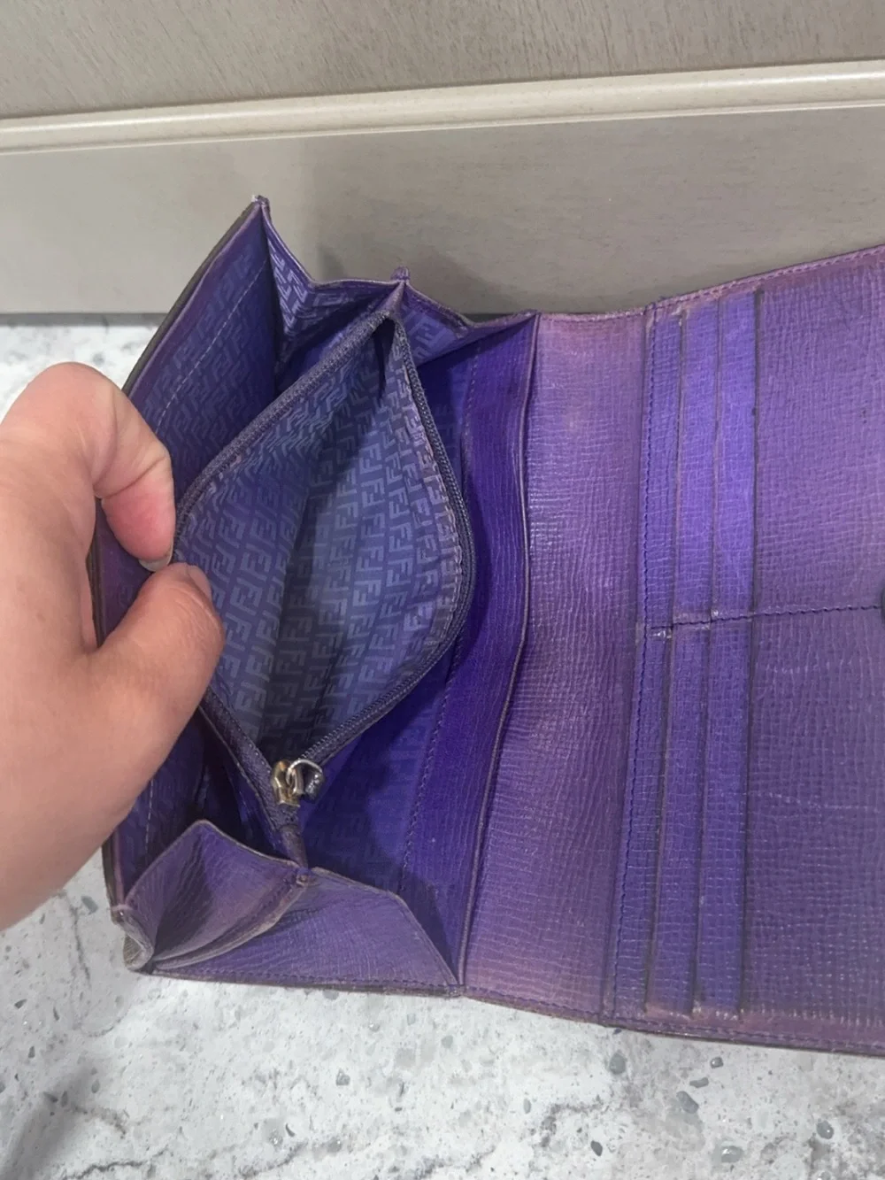 FENDI ZUCCA CONTINENTAL TOBACCO WALLET PURPLE INTERIOR —AUTHENTIC—